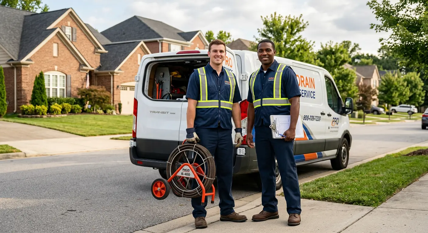 Sewer and drain service team with equipment ready for work in Calumet