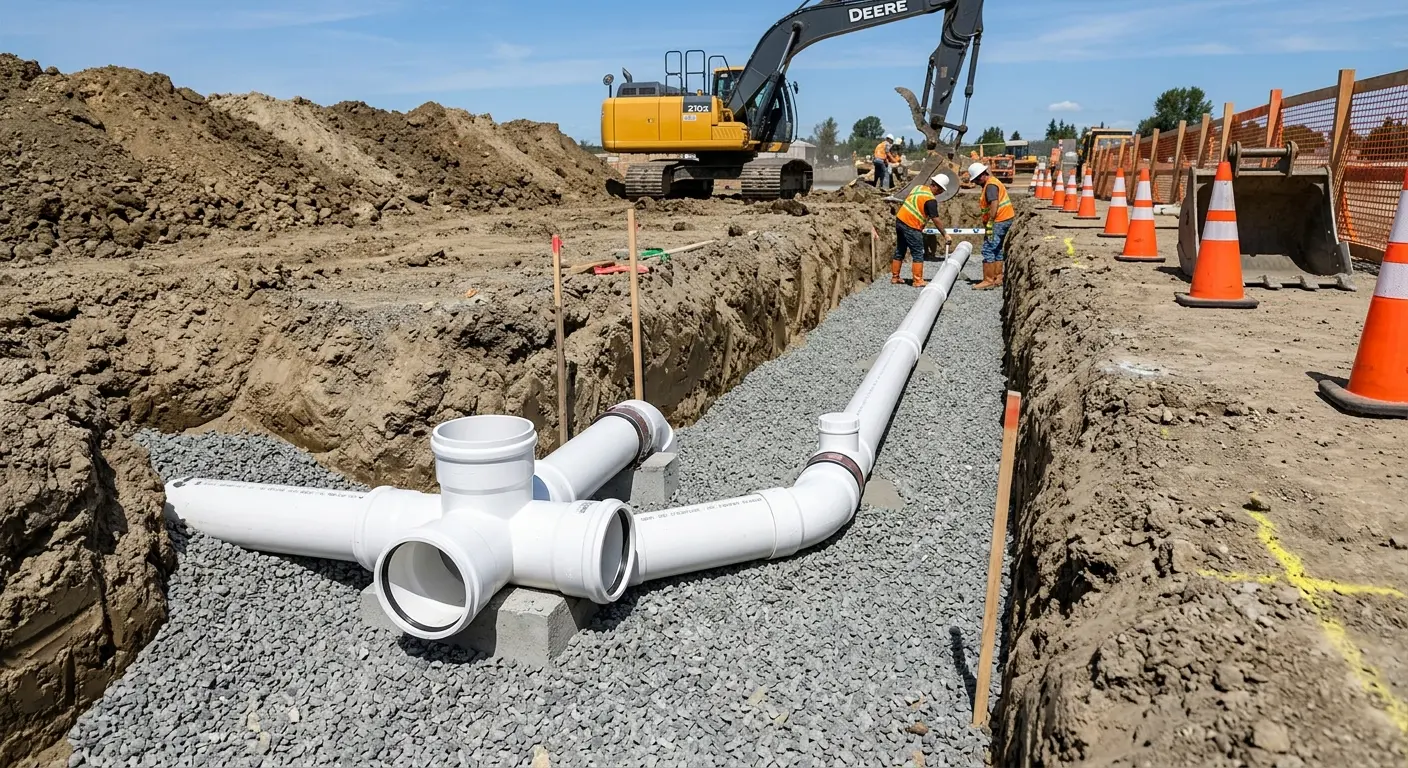 New PVC sewer pipe installation in open trench for Sewer Backup in Calumet