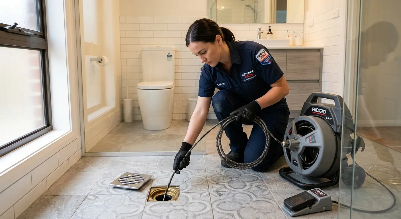 Technician clearing a bathroom floor drain for Sewer Line Installation in Calumet